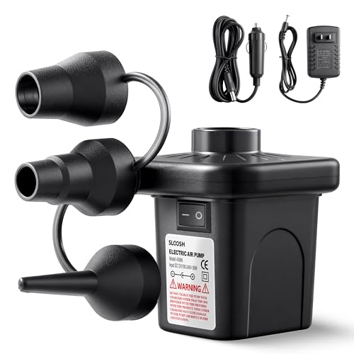 SLOOSH Electric Air Pump for Inflatables, Quick-Fill Inflator Deflator with 3 Nozzles, Portable Air Mattress Pump for Beds, Pool Floats, Swimming Rings,Outdoor Camping Inflatable, AC/DC Adaptors