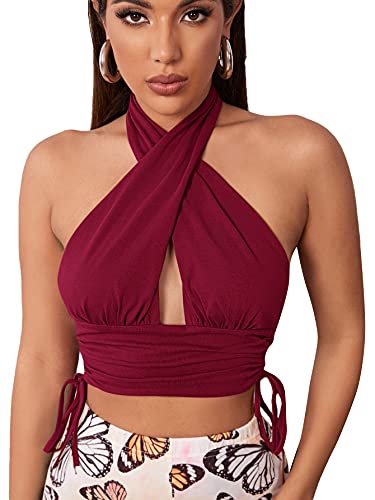 Romwe Women s Cut Out Crisscross Halter Vest Sleeveless Drawstring Wrap Crop Top Cami Tank Tops Burgundy S