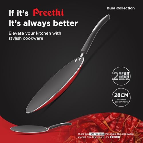 Image of Preethi Dura Collectiona Non Stick Concave Tawa, 28 cm, Gas & Induction Compatible, 5 Star Non Stick Effect, Chilly Red