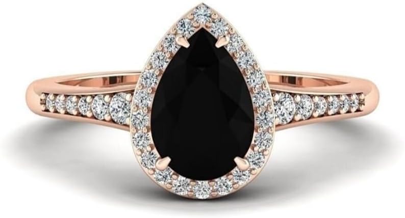 Pear Shaped Onyx Engagement Ring Set Rose Gold Black Stone Promise Ring Halo Unique Black Solitaire Anniversary Ring Half Eternity Ring