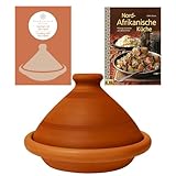 Tajine, original aus Marokko, inklusive Kochbuch Nord Afrikanische Küche, Tontopf zum Kochen, Tuareg Ø 26cm, für 1-3 Personen, handgetöpfert aus Marrakesch, frei von Schadstoffe