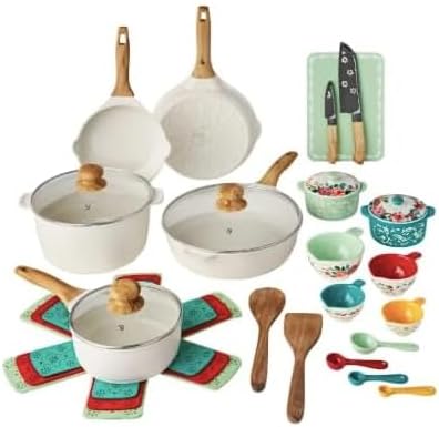 The Pioneers Womans Prairie Signature 30-Piece Cast Aluminum Cookware Set, Nonstick, Oven Safe, Durable Cookware with Utensils, Knives, and Storage Protection (Linen)