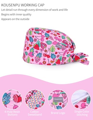 Image of Kousenpu Scrub Caps for Women, Adjustable Women's Surgical Cap with Buttons, Breathable Cute Design for Nurses and Doctors