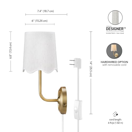 Image of Novogratz x Globe 1-Light Hardwire or Plug-in Wall Sconce, Matte Brass, White Fabric Shade, in-Line Rocker Switch, 6 Ft Fabric Cord Included