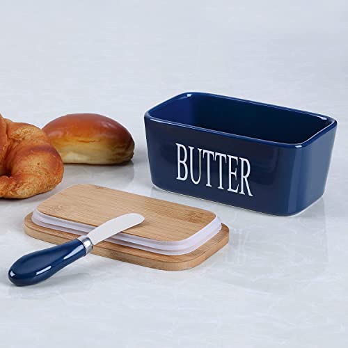 Image of Ceramic Butter Dish with Wooden Lid and Stainless Steel Knife, Large Butter Container Keeper with Bamboo Cover and Silicone Sealing Ring for West and East Coast Butter (Blue)