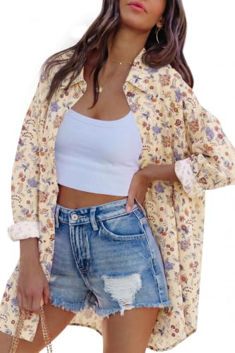 Image of FSHAOES Womens Oversized Button Down Shirts Casual Loose Long Sleeve Solid Lapel Long Blouses Tops with Pockets