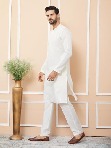 Image of See Designs Men's Long Sleeve Mandarin Collar Side Slit Off-White Embroidered Chanderi Silk Straight Kurta