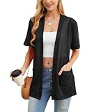 PrinStory Womens Summer Cardigan Short Sleeve Open Front Cardigans V Neck Lightweight Outerwear With Pocket UK 18-20 (Black, XL)