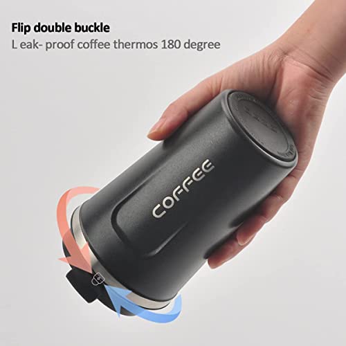 Image of Roslen Insulated Coffee Cup with Leak Proof Lid, Double Walled Travel Mug Vacuum Insulation Stainless Steel with Leakproof Lid Reusable Cup for Coffee, Tea, Beer for Hot and Cold (Black)