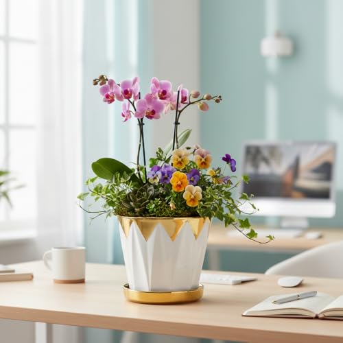 Image of Xtore Striking Geometric Ceramic Planter with Gold Accents & Drainage Tray | Sculpted Indoor Plant Pot for Tabletop, Desk & Living Space Styling (White & Gold) - Planter only