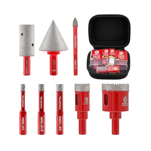 FOCSTOL Diamond Core Drill Bit Set - 8pcs (6/8/10/20/35mm+20mm Finger Milling Bit+35mm Beveling Chamfer Bit+6mm Carbide Drill Bit) Diamond Hole Saw Kit for Porcelain Ceramic Tile Marble Granite