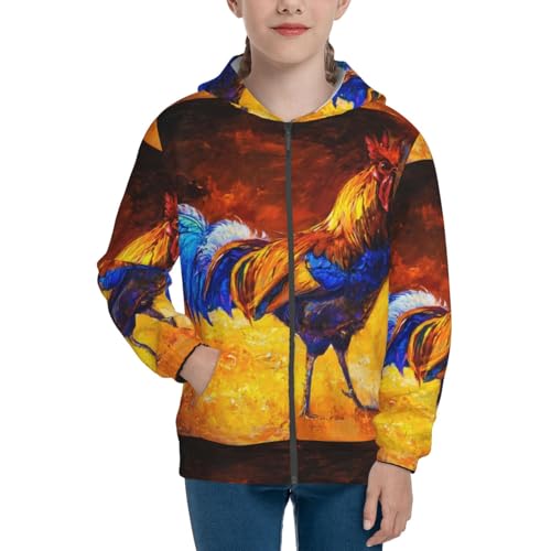 Colorful Rooster Kids Pullover Hoodies Boys Zip Up Sweatshirts Girls Athletic Clothes with Pocket3