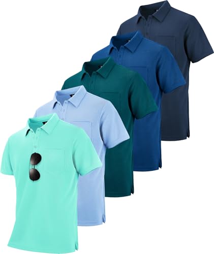 Image of SCODI 5 Pack Mens Pocket Polo Shirts Short Sleeve Golf Casual Work T-Shirt