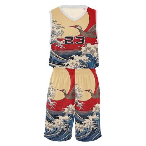 FLildon Japanese Sea Wave Boys Basketball Jersey Set Tank Top Shorts Tracksuit Sport Training Suit for Kids, S