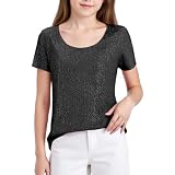 Minzgrün Glitzer Oberteil Mädchen Pailletten T-shirt Rundhals Kurzarm Glitzertop Unisex Kinder Karneval Kostüm Glänzend Tshirt Retro Disco Glänzende Shirts Jazz Top Festival Tanzbekleidung 5 Jahre 146
