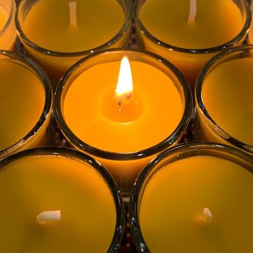 Pure Beeswax Votive Candles in Glass Cup, 6 Pack Bulk Bees Wax Candles for Home, Natural Honey Scent, Bee Themed Gifts for Bee Lovers, Burning Time 12 Hours, Natural Yellow