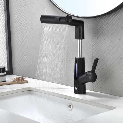 BEITH Robinet Lavabo Cascade, 3 Modes Moderne Mitigeur Lavabo avec Affichage Numérique LED, Tirable, Rotatif, Réglable en Hauteur, 59A Laiton Mitigeur de...