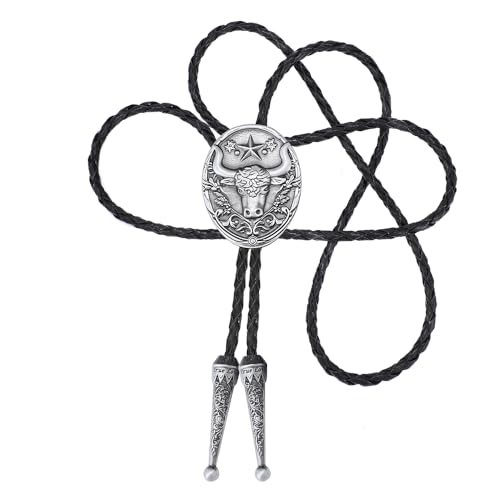 Image of Joxevyia Bolo Tie for Men Vintage Cow Skull Leather Rope Western Cowboy Necktie Vintage Bola Tie Gift for Him