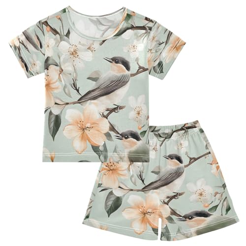 senya Short Sleeve Pajamas Sets Summer Cotton Sleepwear Grey Bird Flower