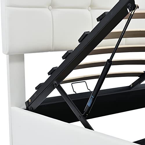 Harper & Bright Designs Upholstered Queen Size Platform Bed With Gas Lift Up Storage, Queen Bed Frame With Led Lights And Usb Charger, Pu Tufted Queen Bed With Hydraulic Storage System, White #TOP6