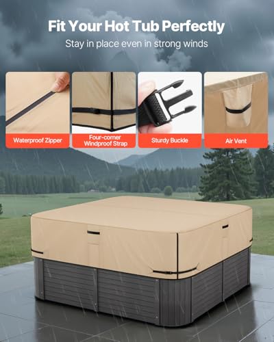 VEVOR Abdeckung für Whirlpool (2413 x 2413 x 508 mm) wetterfest & wasserdicht, Spa-Abdeckung Staubschutzabdeckung aus Oxford-Gewebe & mit 950 N Reißfestigkeit, Staubdicht für Badewannen braun