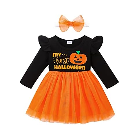 Newborn Baby Girl Halloween Clothes Set Pumpkin Print Long Sleeve Tutu Dress +Headband My First Halloween Outfits 2 Piece (Black, 3-6 Months) Cover