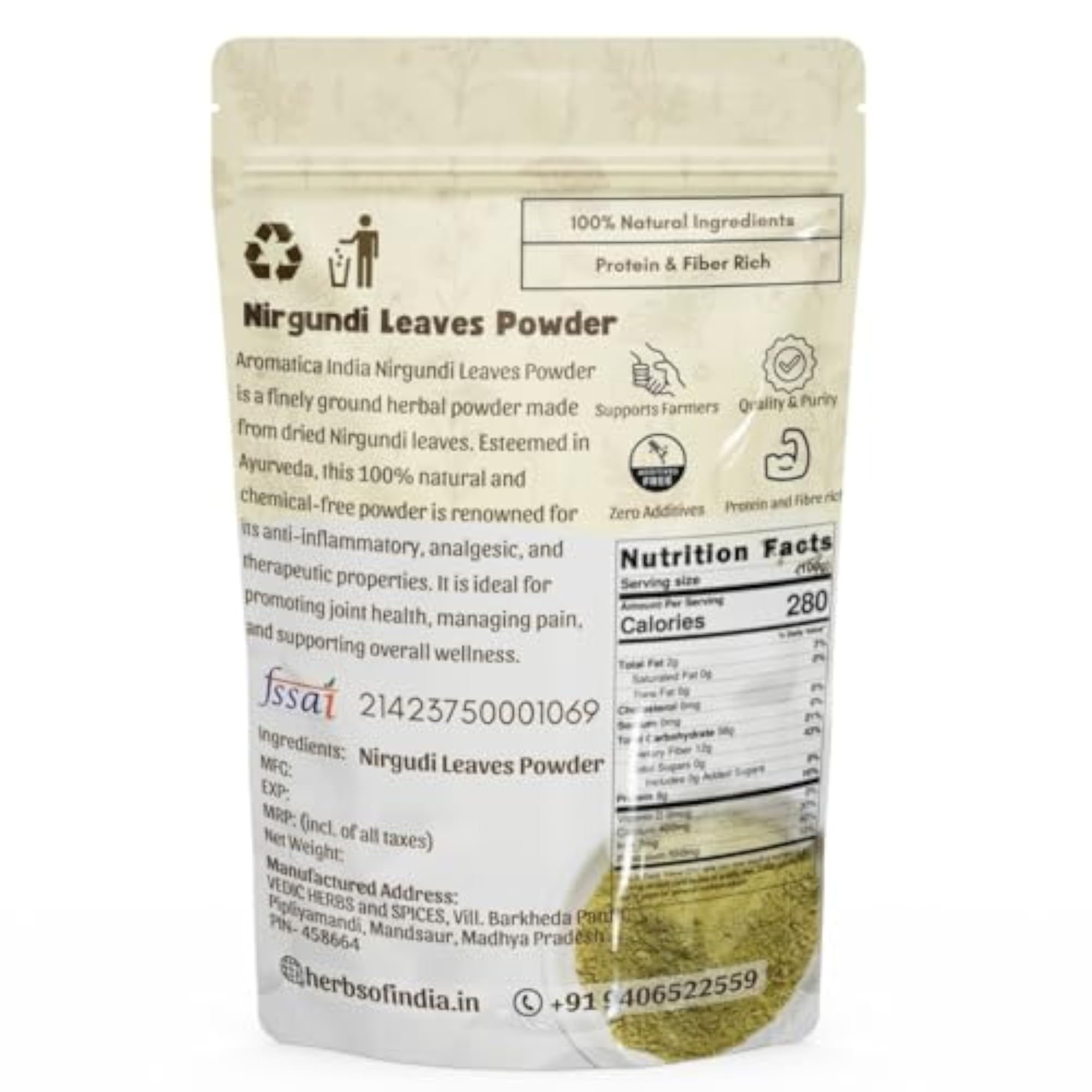 Aromatica Nirgudi Leaf Powder, 100% Pure & Natural