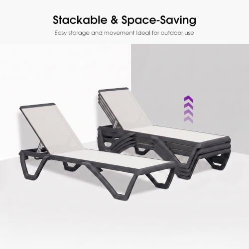 Image of PURPLE LEAF Patio Chaise Lounge Set of 4 Plastic Pool Lounger Chair, White | 5% Wider Seat, Aluminum Frame, Quick-Dry Comfort UV, Plastic + Glass fiber Legs, 5 Recline Angles, Stackable, Lightweight