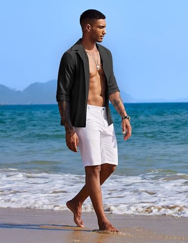 Image of DEELMO Mens Casual Button Down Shirt Summer Beach Shirts Long Sleeve Cuban Collared Tropical Textured Shirts