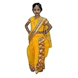 Mom and Me Traditional Yellow Cotton Nauvari Saree with Striped Border, Pre-Stitched Style, Kids Festival Wear...