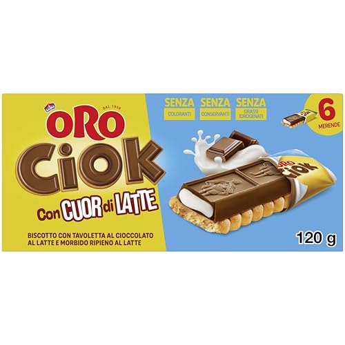 Oro Ciok Cuore di Latte, Biscotto con Tavoletta di Cioccolato al Latte Ripiena di Tenerissima Crema al Latte, Fonte Naturale di Fibre, Senza Coloranti e Conservanti, 120g (6 monoporzioni da 20g)