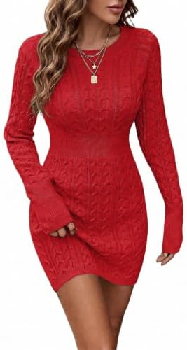 Saodimallsu Damen Langarm Pulloverkleid Zopf Strickkleid | Pullover Kleid,Herbstkleid,Pullikleid,Rundhals Winterkleid,Slim Fit Minikleid,Strickpullover Dress,Elegant