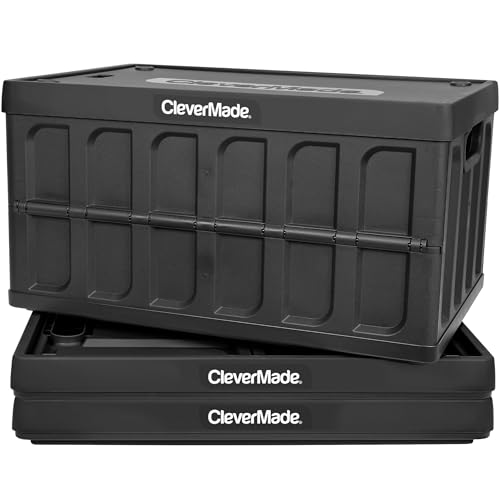 Image of CleverMade Collapsible Storage Bins with Lids, 46L, 3 Pack, Obsidian | Each bin supports 75 lb and stacks with or without its lid. The lid stores underneath, and the crate folds to 2.5 inches.
