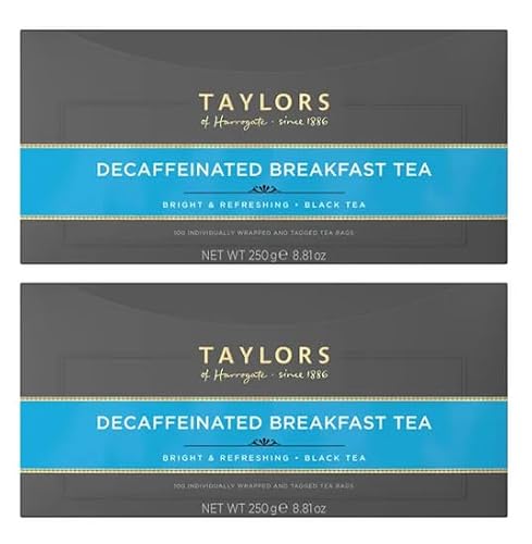 Image of Taylors of Harrogate Decaffeinated Breakfast Individually wrapped and Tagged Tea Bags x100 (Pack of 2, 200 Bags)