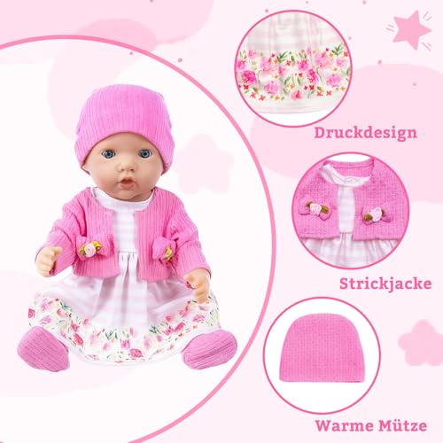 WanderGo Baby Puppen Puppenkleidung 35-43 cm, 6-teiliges Outfit mit Rosa Strickjacke + Rock mit Blumenmuster + Socken + Mützen + 2 Kleiderbügel, Babypuppe Kleidung für 14-18 Zoll Puppen(Ohne Puppe)