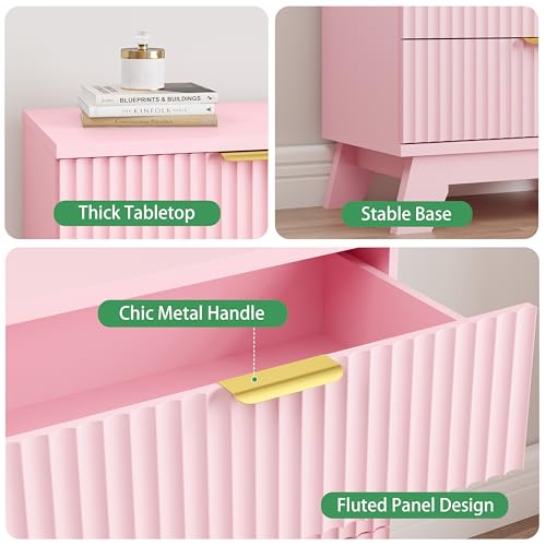Image of Xixini Fluted Dresser for Bedroom with 3 Drawers, 24 inch Wide Modern Chest of Drawers with Metal Handle, Wooden Dresser TV Stand, Wood Closet Clothes Storage Organizer for Living Room, Hallway, Pink