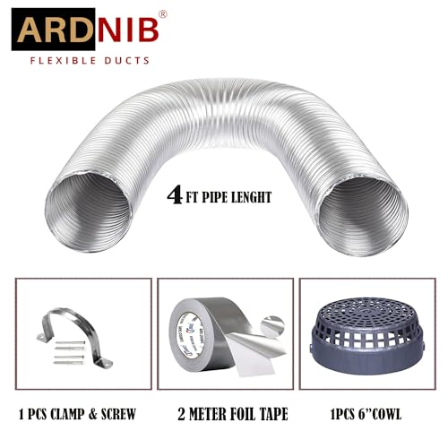 Image of 6 inch Flexible Aluminum Duct Pipe for Kitchen Chimney | Complete Installation Kit with Free Cowl Cover, 2m Tape, and Clamp | Fits Various Chimney Brands, Silver (6 inch /150mm diameter, 4FT)