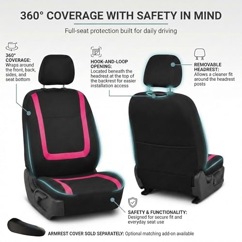 Image of FH Group Car Seat Covers Full Set Cloth - Universal Fit Washable Automotive Seat Covers, Low Back Front Seat Covers, Solid Back Seat Cover for SUV, Sedan and Van Pink