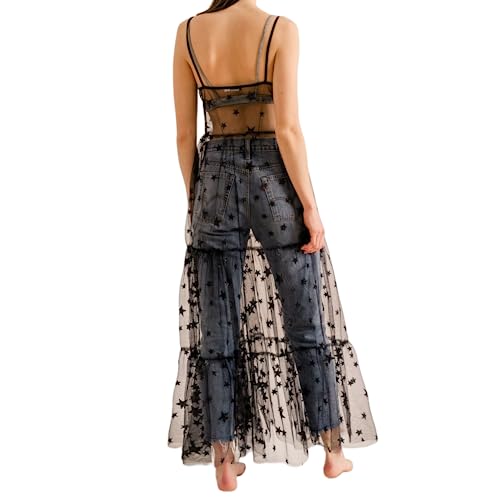 Women's See Through Tulle Maxi Dress Shiny Sequined Stars Spaghetti Strap Cover Up Dresses Festival Outfit2