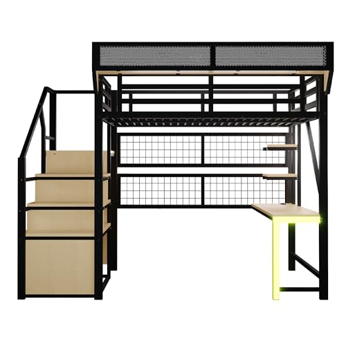Miniatura 9 de Huayz Cama Alta De Metal De 140 X 200 Cm Con Escritorio, Estante, Cama Juvenil Con Escalera De Almacenamiento, Led Y Enchufe, Multifuncional, Para Niños Y Adolescentes, Sin Colchón Negro, 140 X