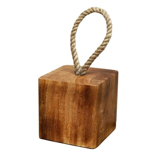Mango Wood Block Doorstop Rope Handle Natural Brown Heavy Duty Square Stopper