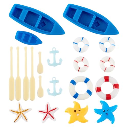 GOMAKERER 21 unidades 13 estilos ornamentos en miniatura de estilo playero, miniaturas de canoa de resina accesorios de playa de océano micro paisaje barco ramas decoración para jardín de hadas,