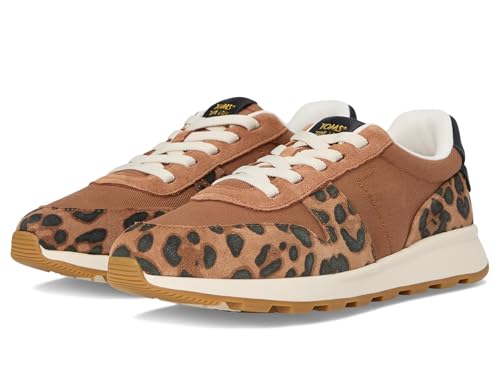TOMS Women's Trvl Lite Retro Runner Sneaker, Suede and Textile Upper, Water Repellent, Stretch Laces, CloudBound Insole, Brown Sugar Vintage Twill/Suede/Leopard, 7.5