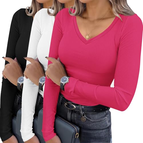 Ekouaer Womens 3 Pack Long Sleeve Shirts V Neck Ribbed Slim Fit Basic Tops Thermal Undershirts Casual Tee XS-XXL