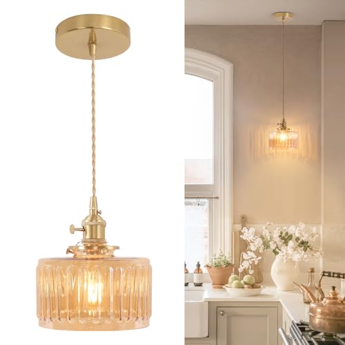 Image of Shenmoyl Pendant Light with Amber Striped Glass Lmapshade, Brass Vintage Pendant Light Adjustable Hanging Light for Kitchen Island Dining Room Hallway