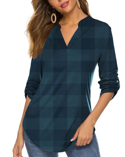 BDTECAOR Damen Elegante Business Oberteile Dressy Casual Loose Fit 3/4 Ärmel Tunika Blusen Grün kariert L