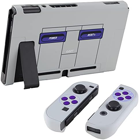eXtremeRate PlayVital Back Cover for Nintendo Switch Console, NS Joycon Handheld Controller Protector Hard Shell, Dockable Protective Case with Purple ABXY Direction Button Caps - Classics SNES Style - 3