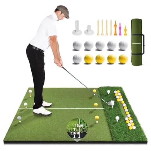 Premium Dual-Turf Golf Mat with Ball Tray, 5x4 FT Golf Hitting Mats Practice Outdoor Indoor Equipment with 10 Golf Balls, 9 Golf Tees, Golf Aid Training Swing Chipping Mat, Gifts for Men,Boy,Golfers