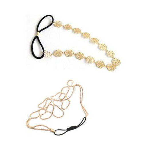 SODIAL(R) 2Pcs Pack- Gold Stylish Hollow Out Braided Stretch Hair Head Band Accessories Headband Hairband + Hot Lovely Metallic Sweet Hollow Rose Flower Elastic Hair Band Headband for Women