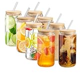 8 Pcs Glass Cups with Bamboo Lids and Straw,16 OZ Beer Can Shaped Drinking glasses,Iced Coffee Cups,Glass Tumbler with Straw and Lid for Smoothie Cocktail Whiskey Tea Juice Gift